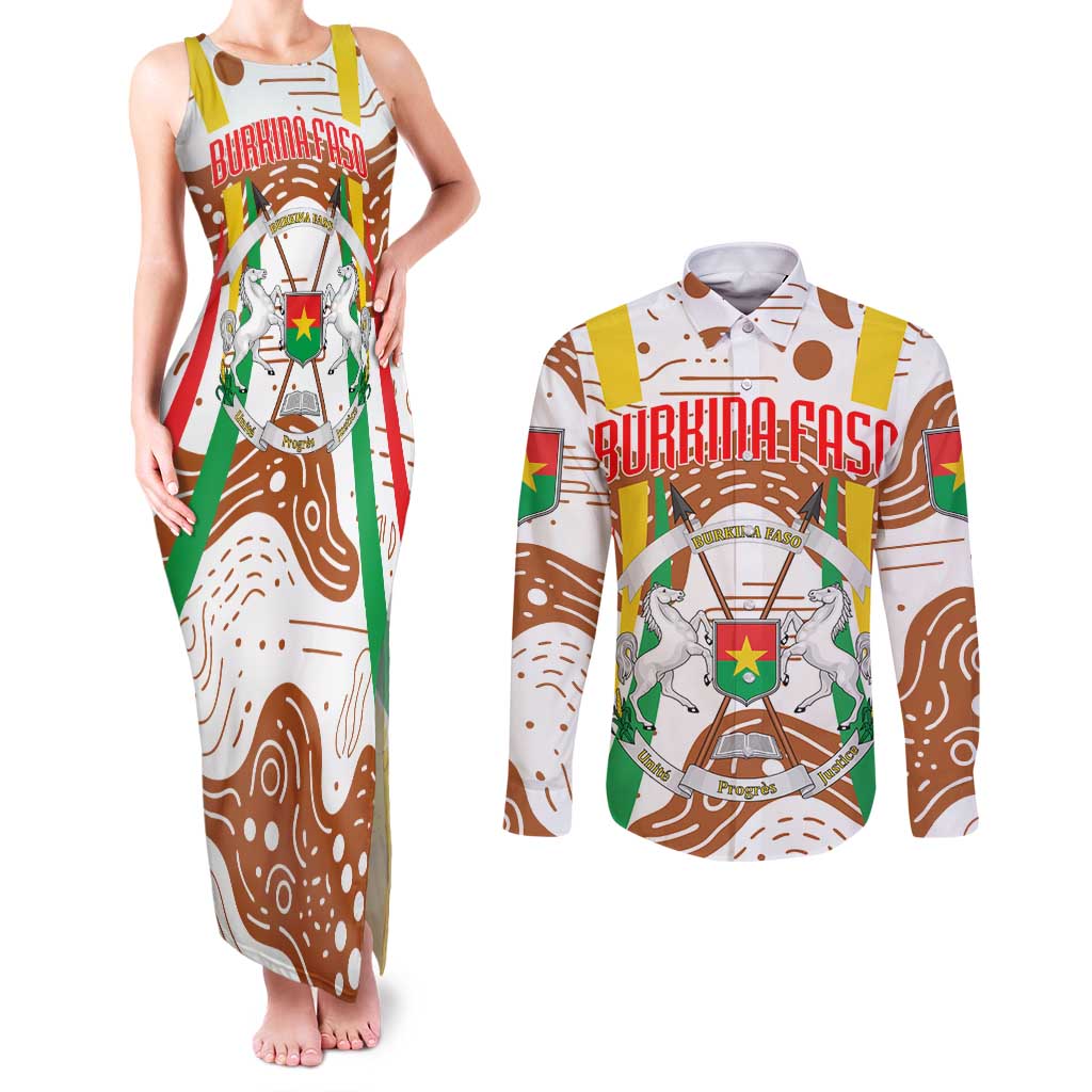 Burkina Faso Couples Matching Tank Maxi Dress and Long Sleeve Button Shirt with Brown White Yellow Abstract Design - Wonder Print Shop