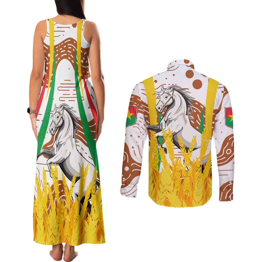 Burkina Faso Couples Matching Tank Maxi Dress and Long Sleeve Button Shirt with Brown White Yellow Abstract Design - Wonder Print Shop