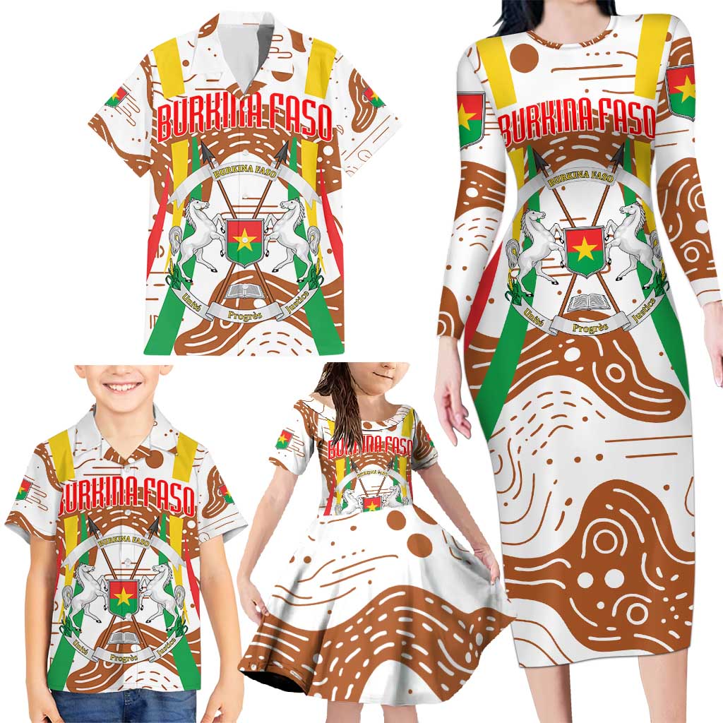 Burkina Faso Family Matching Long Sleeve Bodycon Dress and Hawaiian Shirt with Brown White Yellow Abstract Design - Wonder Print Shop