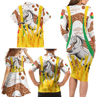 Burkina Faso Family Matching Long Sleeve Bodycon Dress and Hawaiian Shirt with Brown White Yellow Abstract Design - Wonder Print Shop
