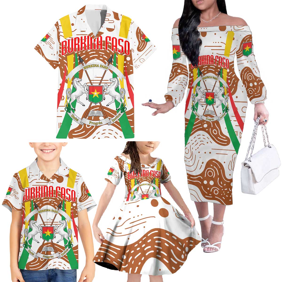 Burkina Faso Family Matching Off The Shoulder Long Sleeve Dress and Hawaiian Shirt with Brown White Yellow Abstract Design - Wonder Print Shop