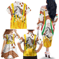 Burkina Faso Family Matching Off The Shoulder Long Sleeve Dress and Hawaiian Shirt with Brown White Yellow Abstract Design - Wonder Print Shop