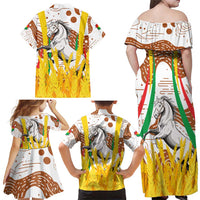Burkina Faso Family Matching Off Shoulder Maxi Dress and Hawaiian Shirt with Brown White Yellow Abstract Design - Wonder Print Shop