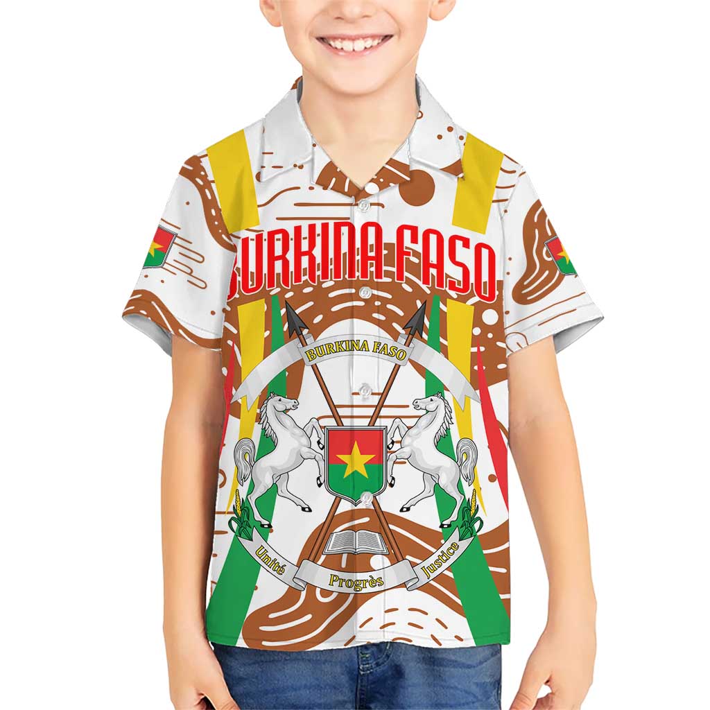 Burkina Faso Kid Hawaiian Shirt with Brown White Yellow Abstract Design - Wonder Print Shop