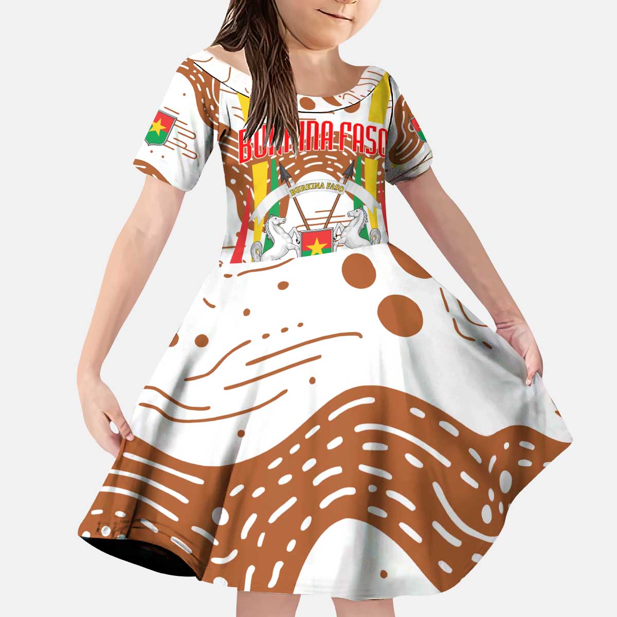 Burkina Faso Kid Short Sleeve Dress with Brown White Yellow Abstract Design - Wonder Print Shop