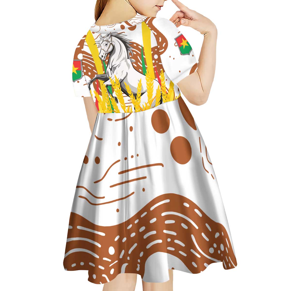 Burkina Faso Kid Short Sleeve Dress with Brown White Yellow Abstract Design - Wonder Print Shop
