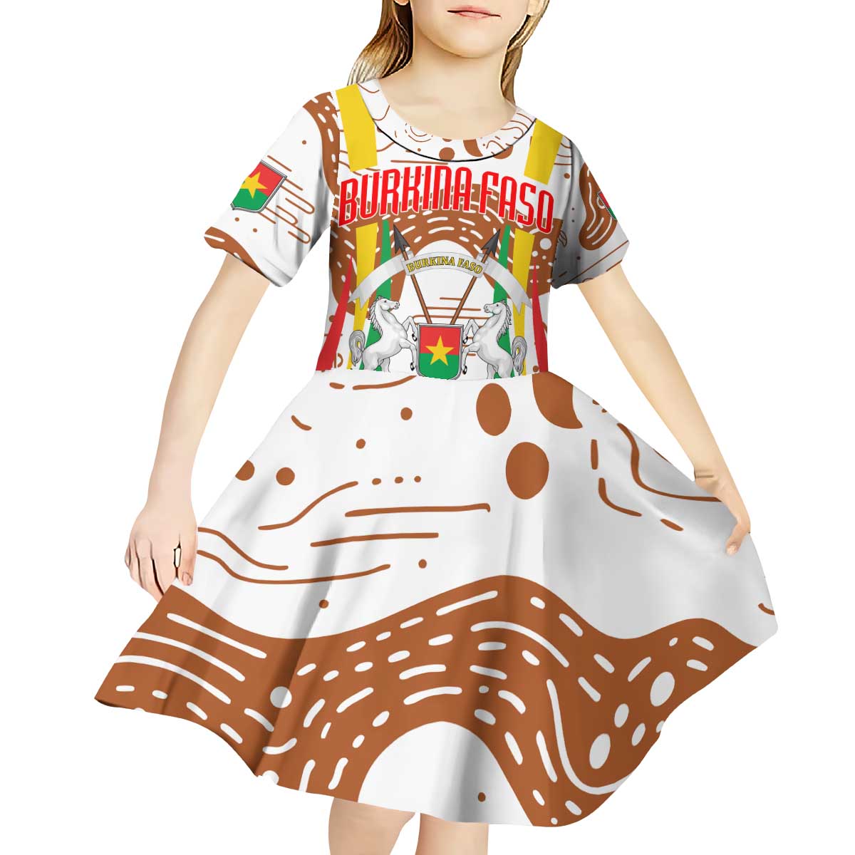 Burkina Faso Kid Short Sleeve Dress with Brown White Yellow Abstract Design - Wonder Print Shop