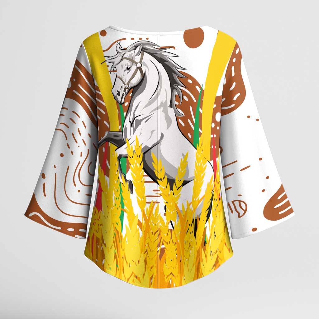 Burkina Faso Kimono Sleeve Blouse with Brown White Yellow Abstract Design - Wonder Print Shop