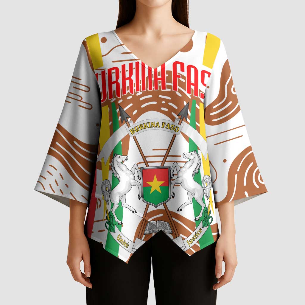 Burkina Faso Kimono Sleeve Blouse with Brown White Yellow Abstract Design - Wonder Print Shop