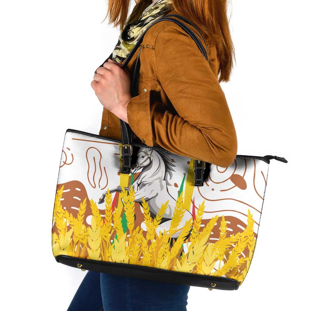 Burkina Faso Leather Tote Bag with Brown White Yellow Abstract Design - Wonder Print Shop