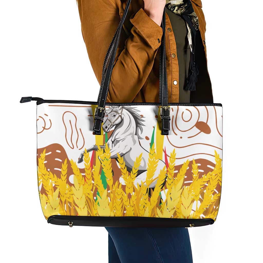 Burkina Faso Leather Tote Bag with Brown White Yellow Abstract Design - Wonder Print Shop