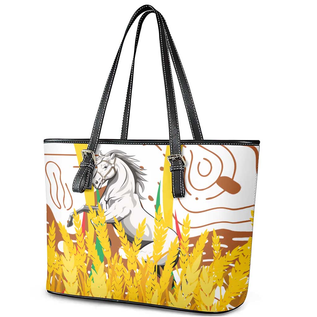 Burkina Faso Leather Tote Bag with Brown White Yellow Abstract Design - Wonder Print Shop