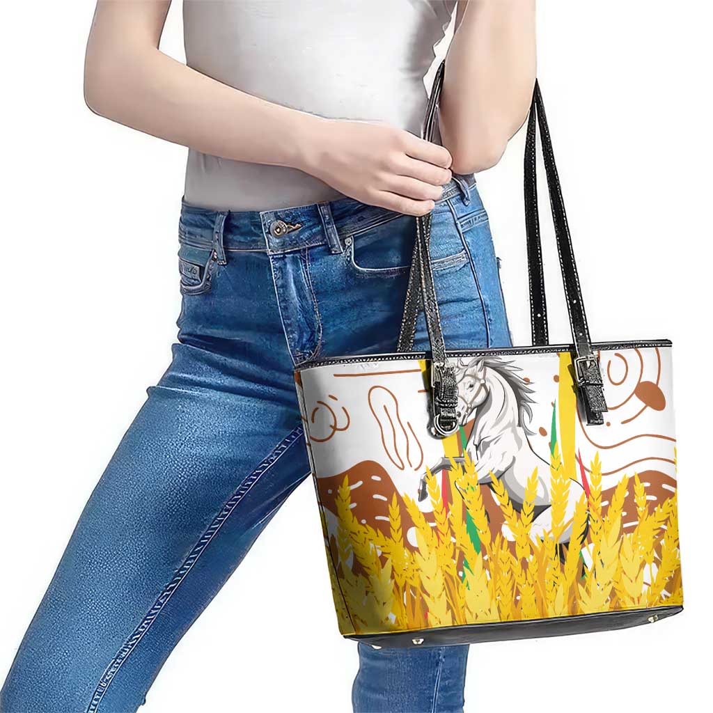 Burkina Faso Leather Tote Bag with Brown White Yellow Abstract Design - Wonder Print Shop