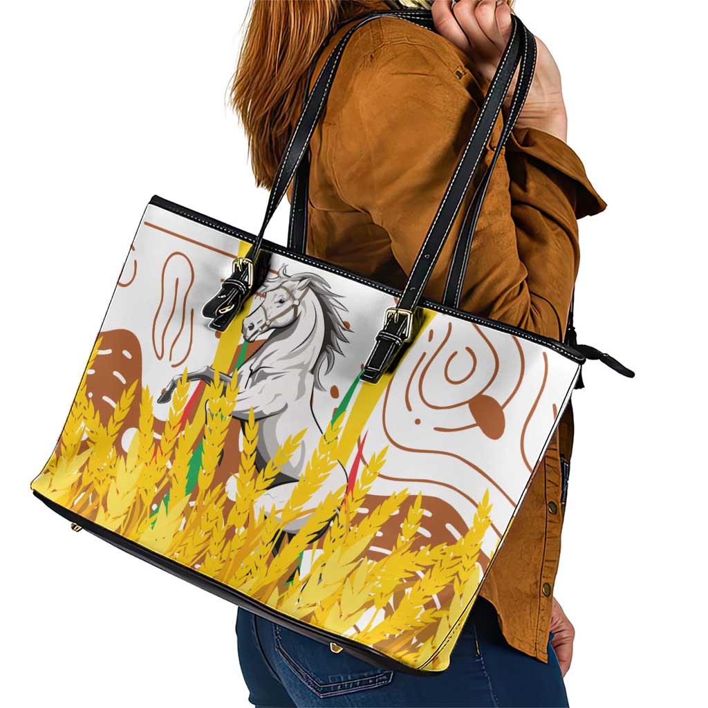 Burkina Faso Leather Tote Bag with Brown White Yellow Abstract Design - Wonder Print Shop