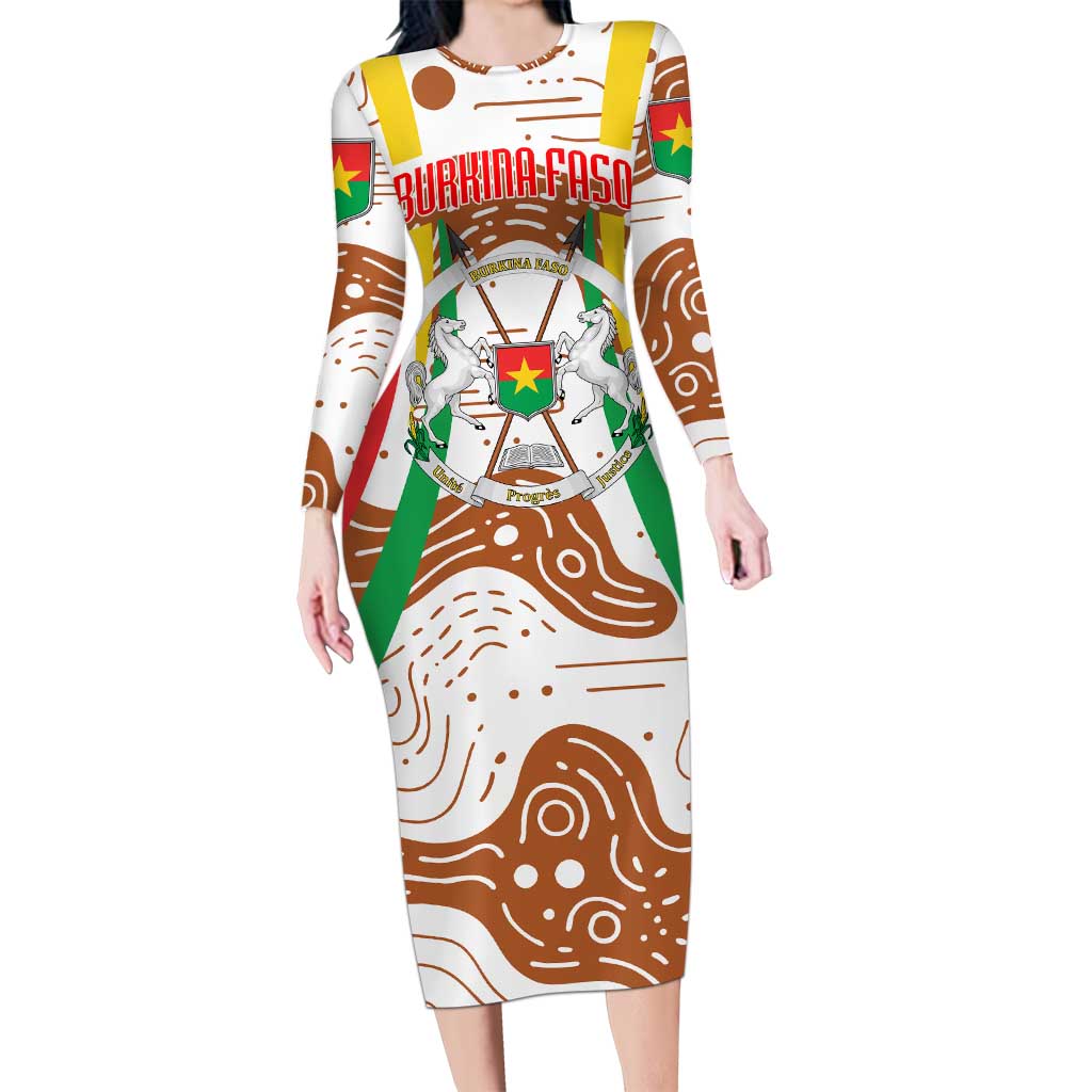 Burkina Faso Long Sleeve Bodycon Dress with Brown White Yellow Abstract Design - Wonder Print Shop