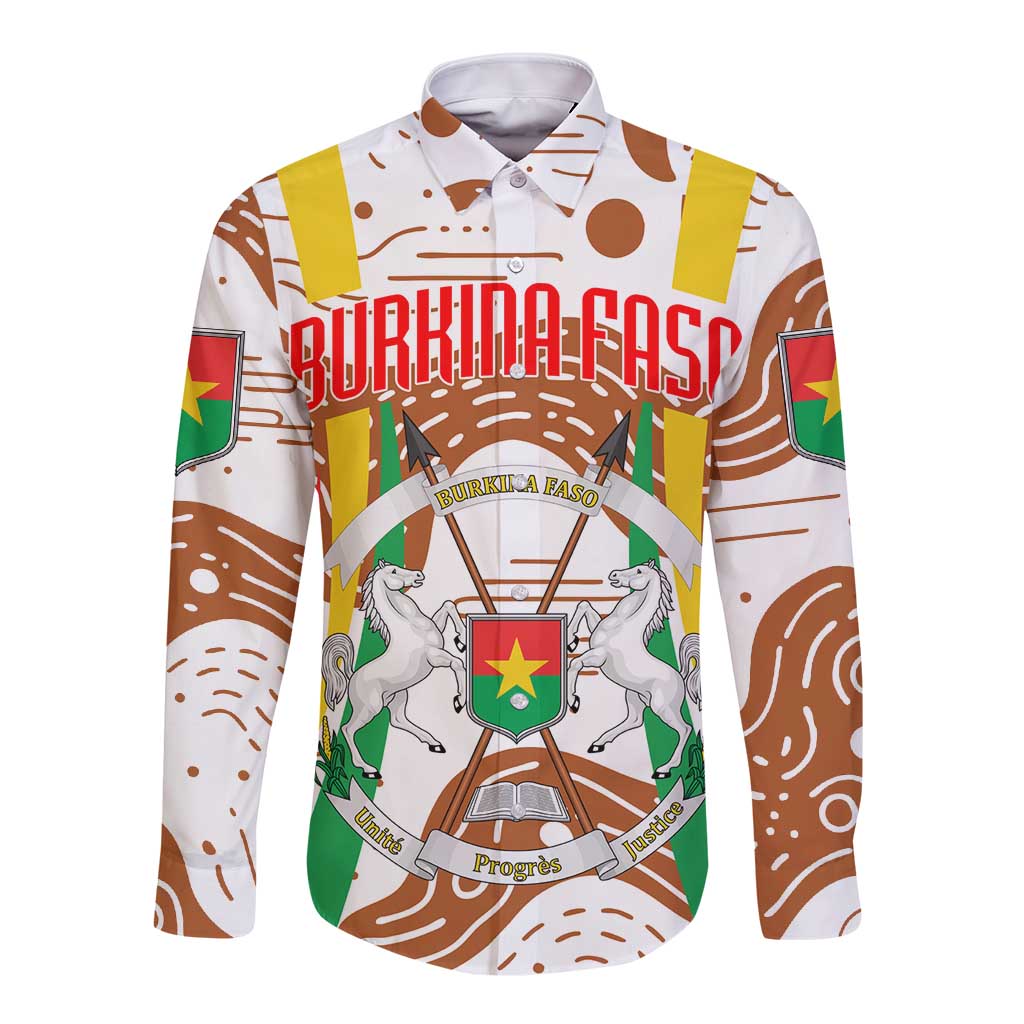 Burkina Faso Long Sleeve Button Shirt with Brown White Yellow Abstract Design - Wonder Print Shop