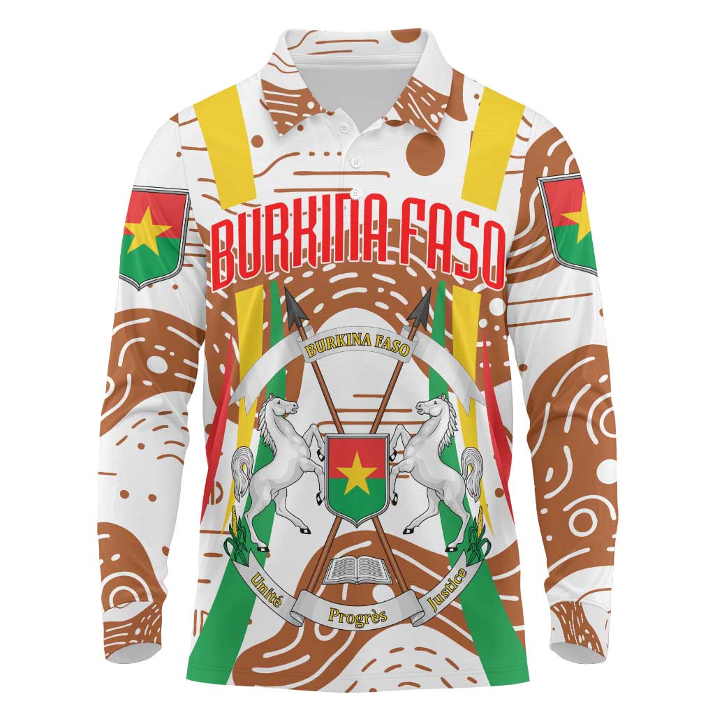 Burkina Faso Long Sleeve Polo Shirt with Brown White Yellow Abstract Design - Wonder Print Shop