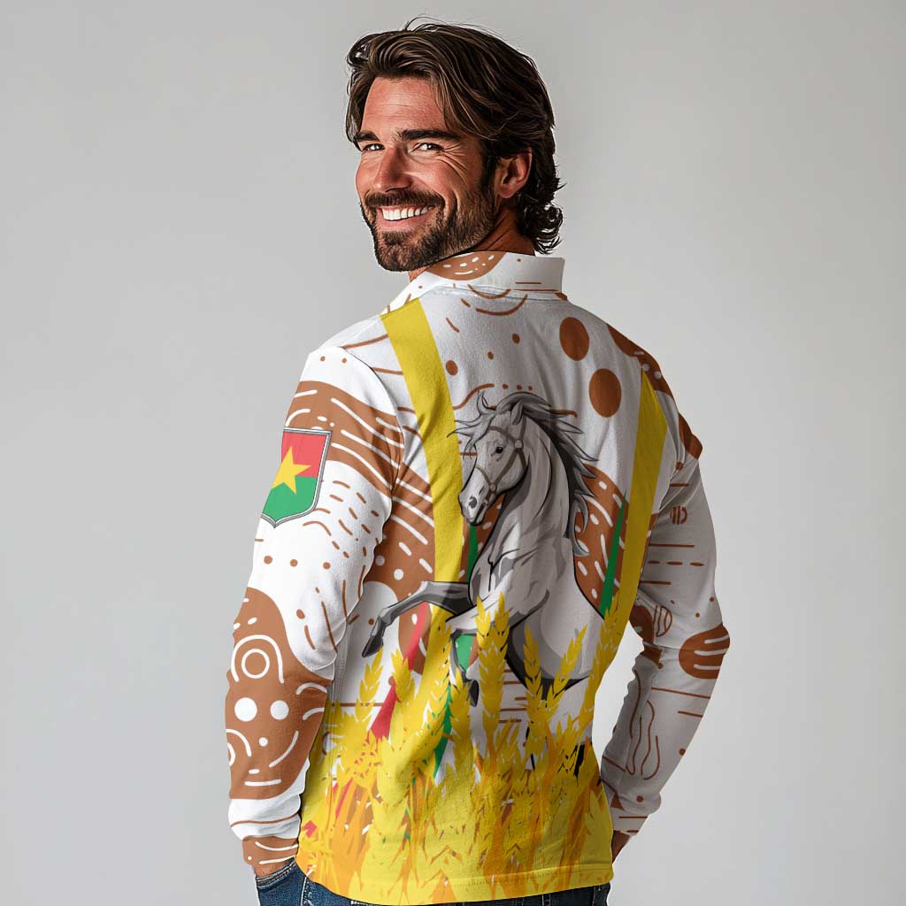 Burkina Faso Long Sleeve Polo Shirt with Brown White Yellow Abstract Design - Wonder Print Shop