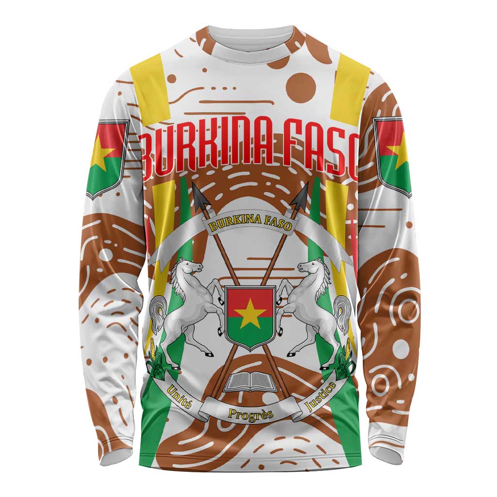 Burkina Faso Long Sleeve Shirt with Brown White Yellow Abstract Design - Wonder Print Shop