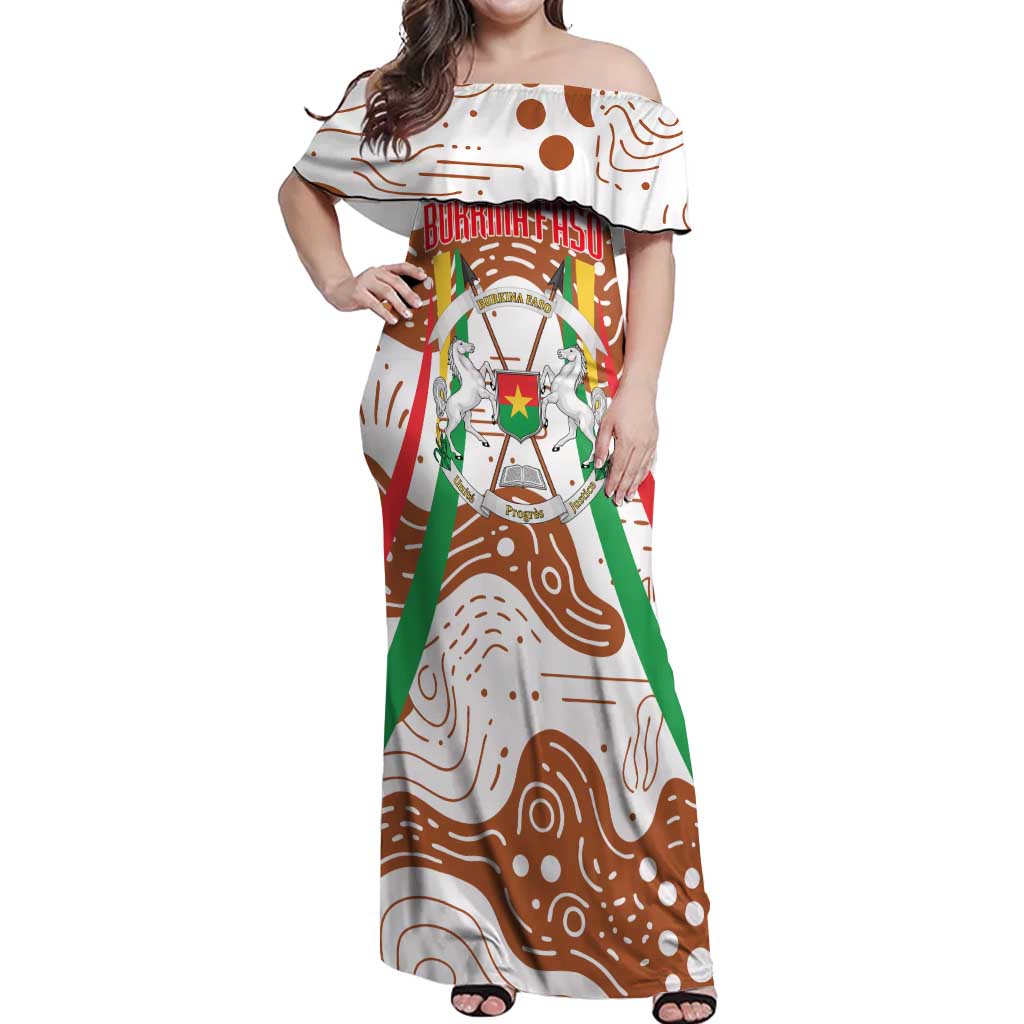Burkina Faso Off Shoulder Maxi Dress with Brown White Yellow Abstract Design - Wonder Print Shop