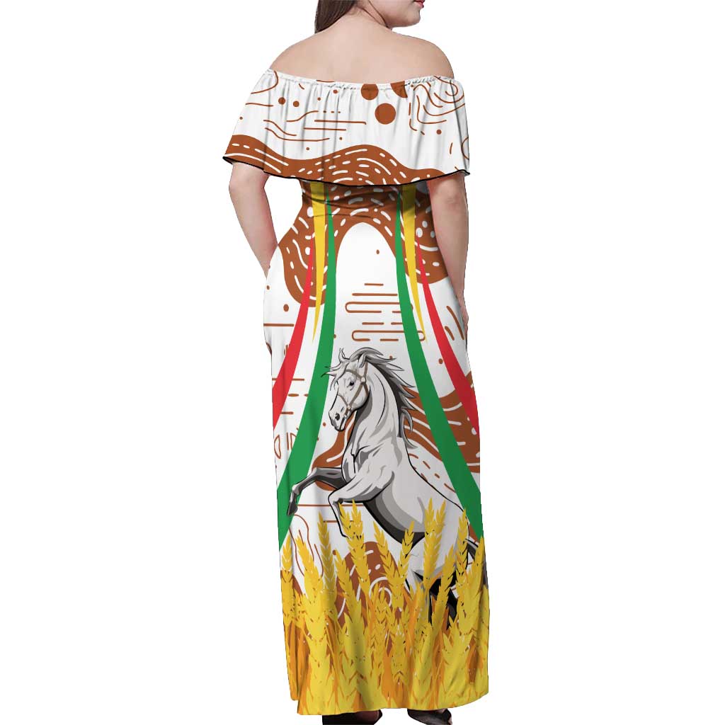 Burkina Faso Off Shoulder Maxi Dress with Brown White Yellow Abstract Design - Wonder Print Shop