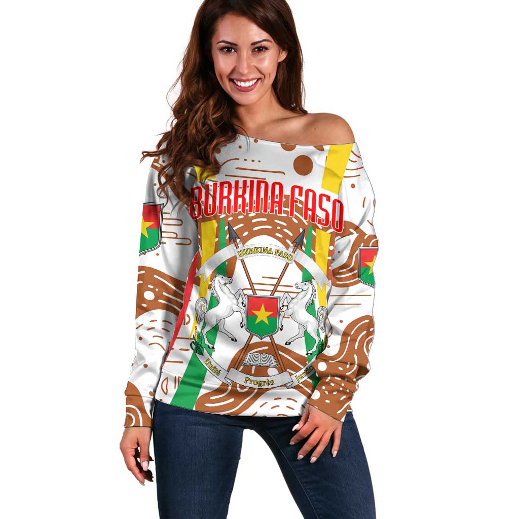 Burkina Faso Off Shoulder Sweater with Brown White Yellow Abstract Design - Wonder Print Shop