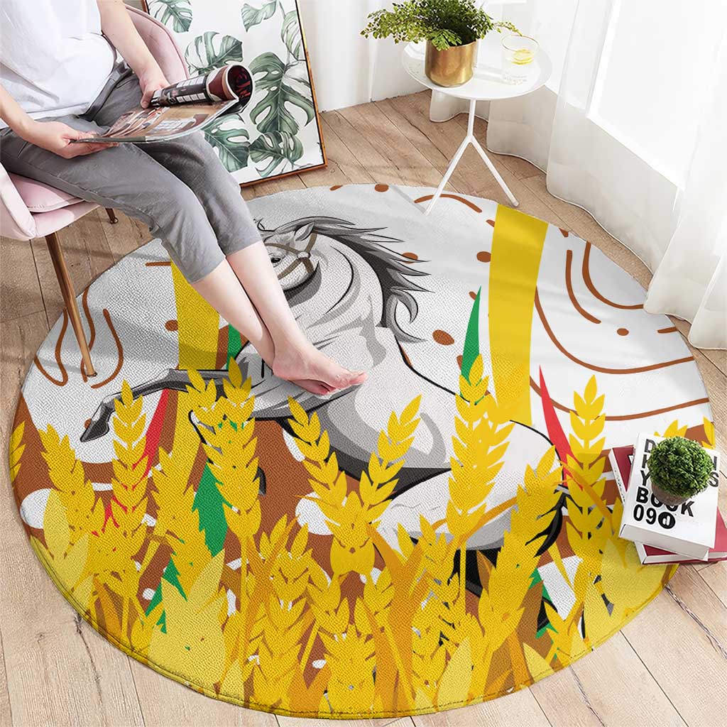 Burkina Faso Round Carpet with Brown White Yellow Abstract Design - Wonder Print Shop