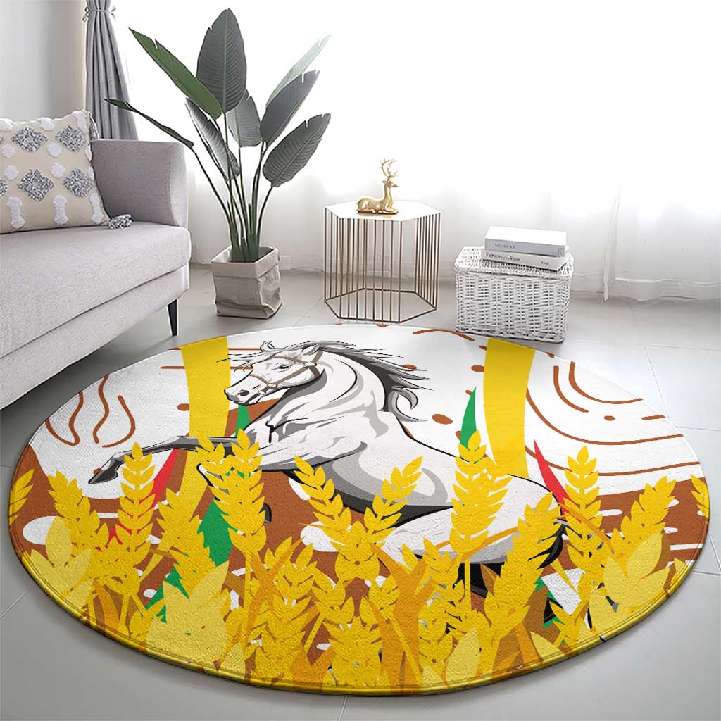 Burkina Faso Round Carpet with Brown White Yellow Abstract Design - Wonder Print Shop