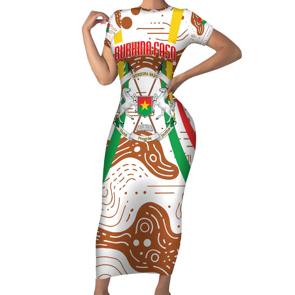 Burkina Faso Short Sleeve Bodycon Dress with Brown White Yellow Abstract Design - Wonder Print Shop