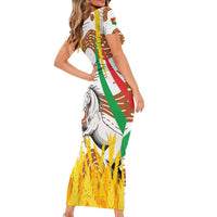 Burkina Faso Short Sleeve Bodycon Dress with Brown White Yellow Abstract Design - Wonder Print Shop