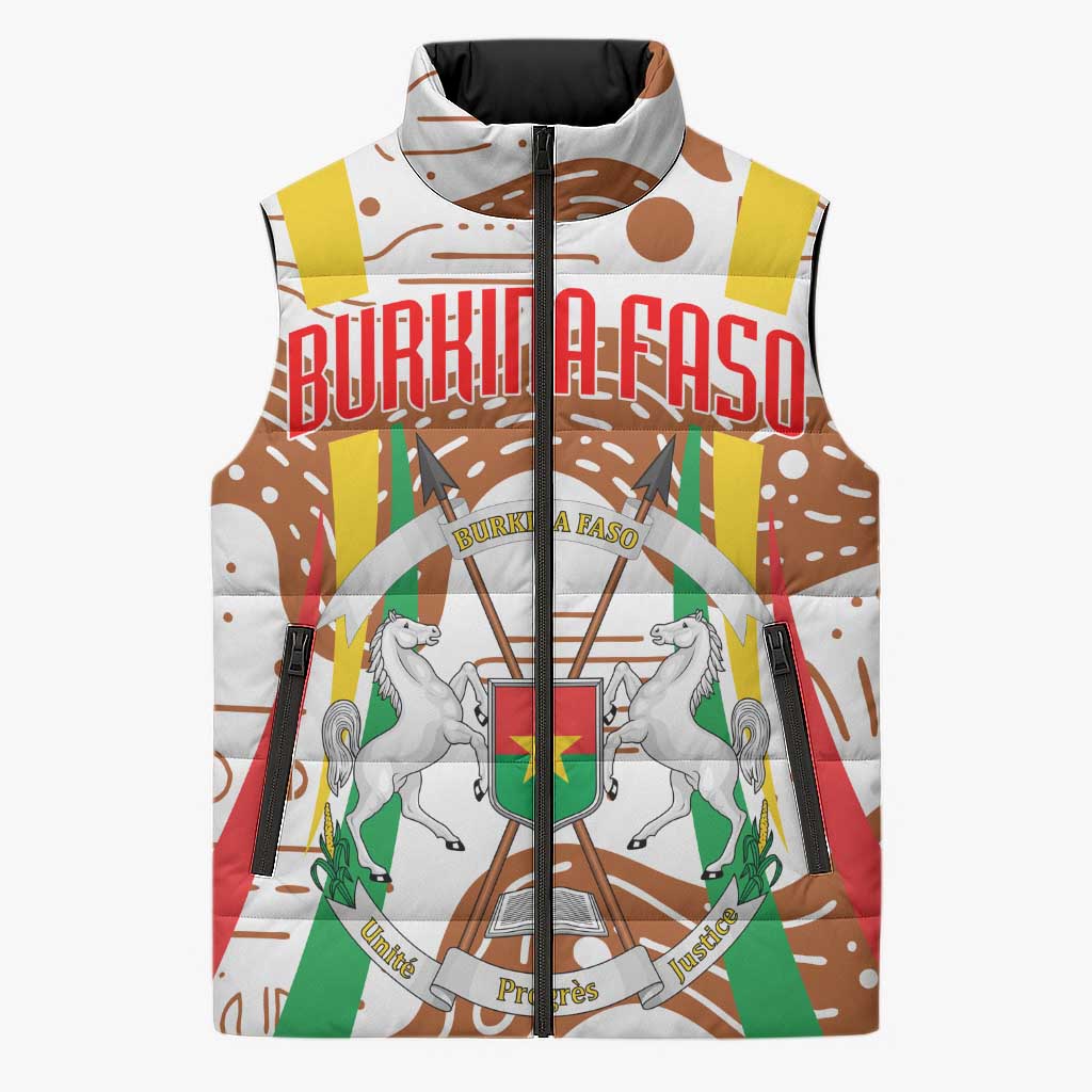 Burkina Faso Sleeveless Puffer Jacket with Brown White Yellow Abstract Design - Wonder Print Shop