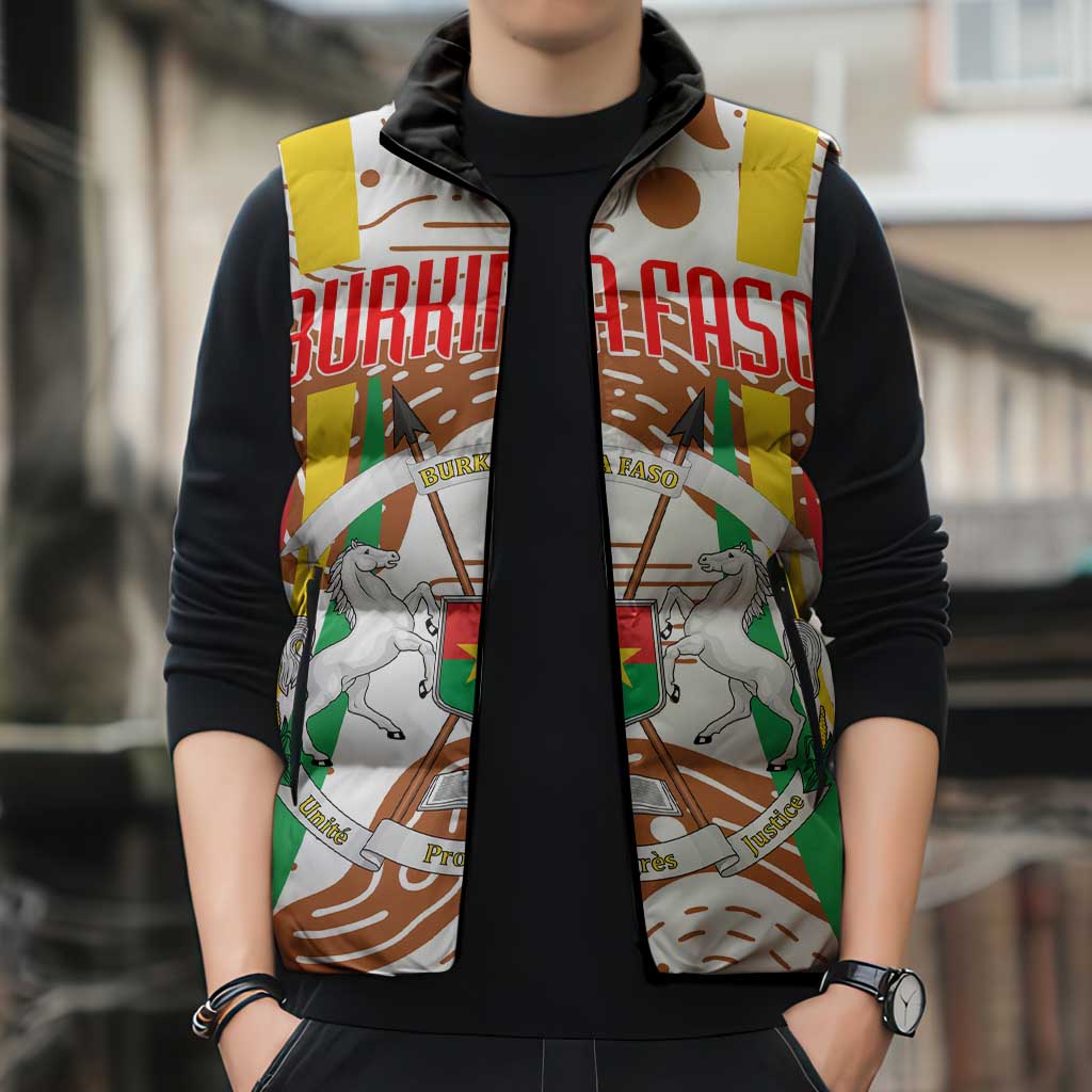 Burkina Faso Sleeveless Puffer Jacket with Brown White Yellow Abstract Design - Wonder Print Shop