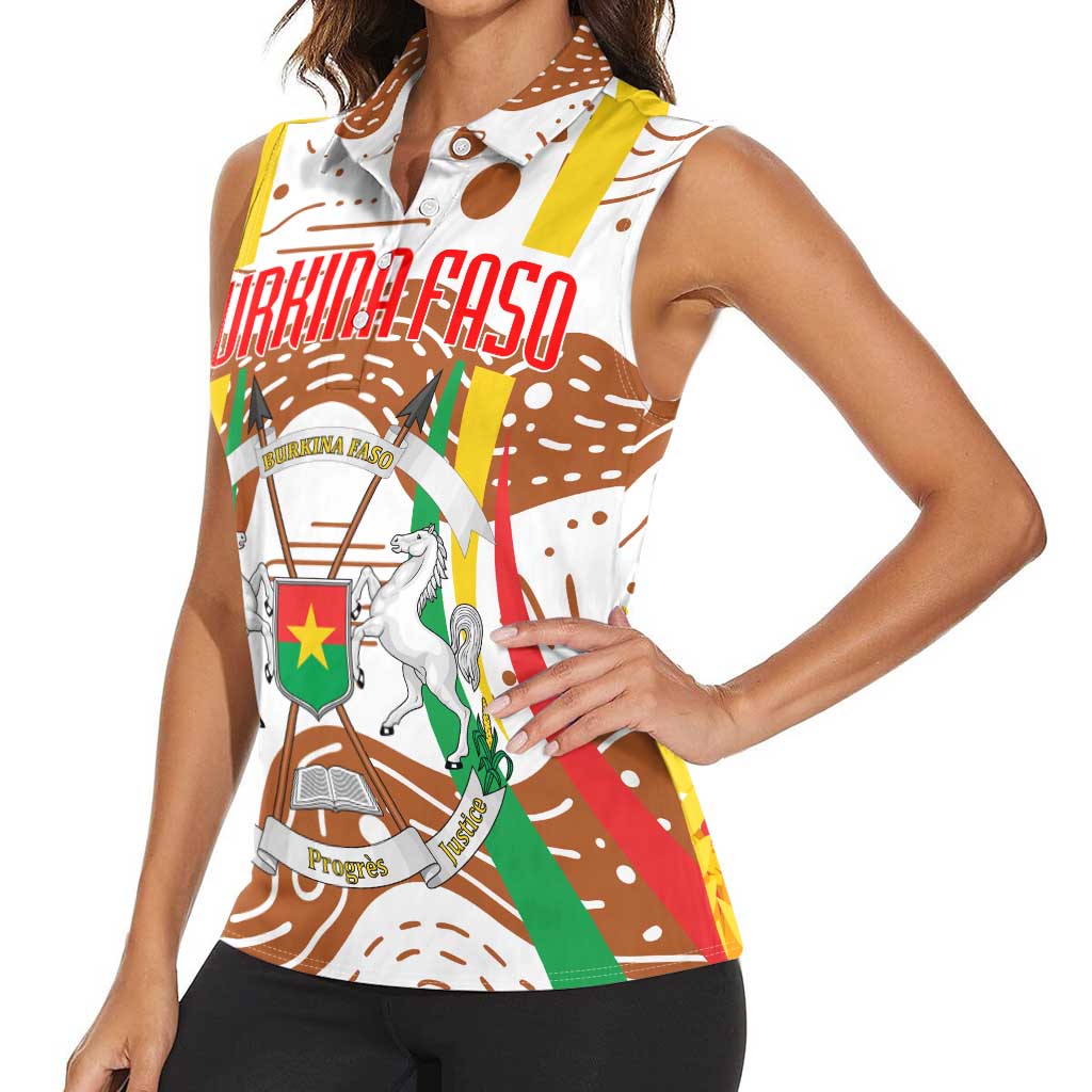 Burkina Faso Women Sleeveless Polo Shirt with Brown White Yellow Abstract Design - Wonder Print Shop