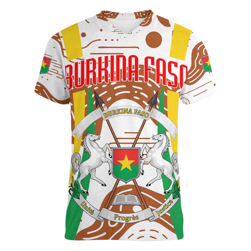 Burkina Faso Women V-Neck T-Shirt with Brown White Yellow Abstract Design - Wonder Print Shop