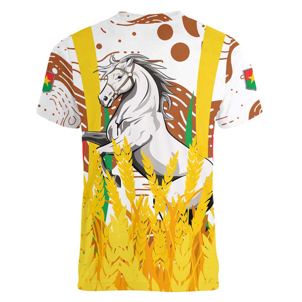 Burkina Faso Women V-Neck T-Shirt with Brown White Yellow Abstract Design - Wonder Print Shop