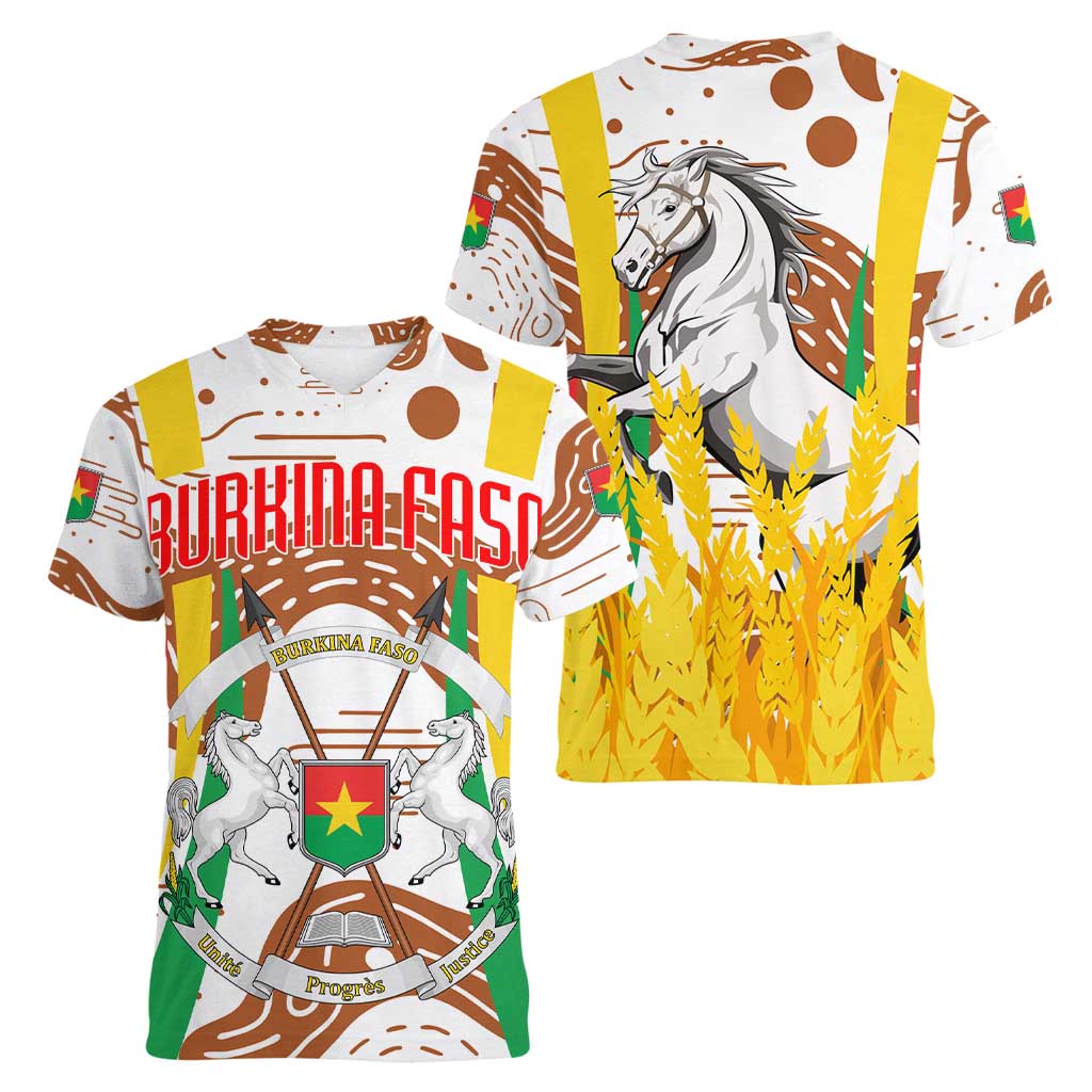 Burkina Faso Women V-Neck T-Shirt with Brown White Yellow Abstract Design - Wonder Print Shop
