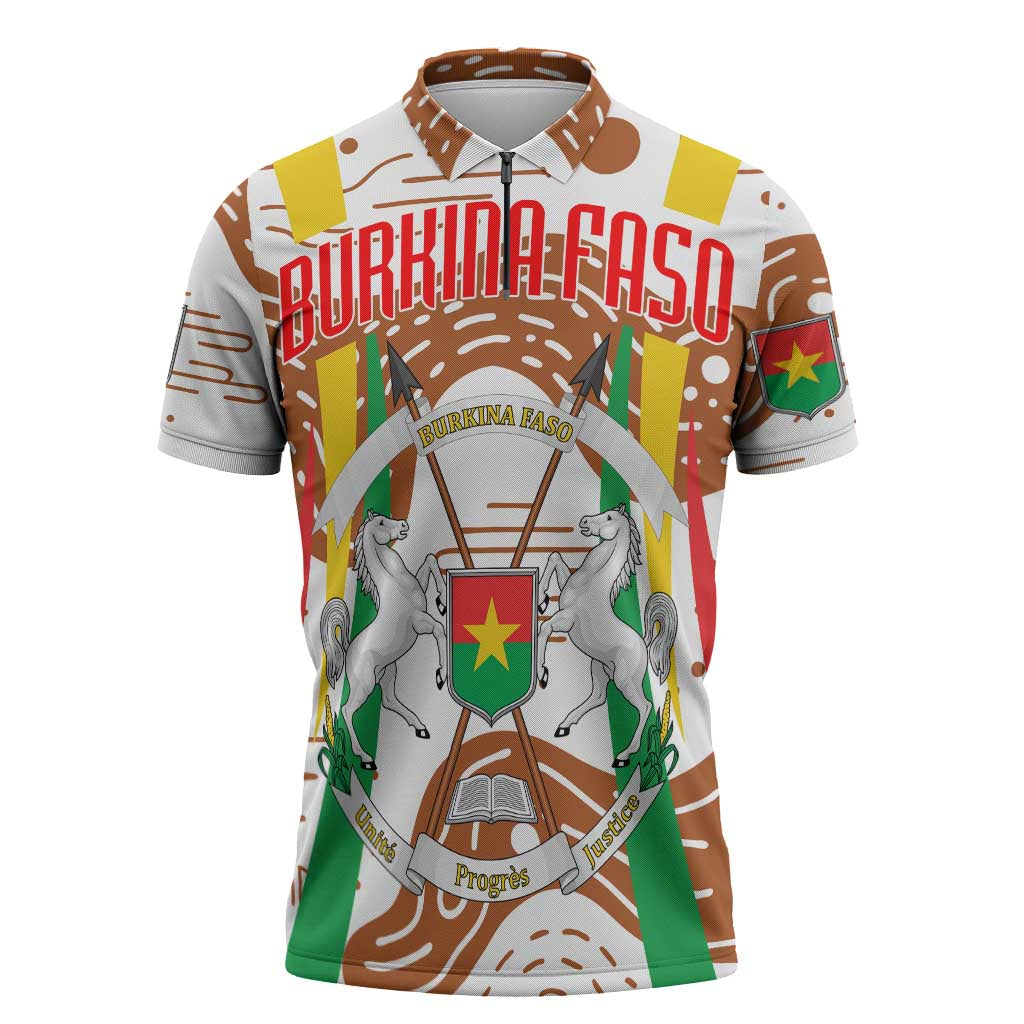 Burkina Faso Zipper Polo Shirt with Brown White Yellow Abstract Design - Wonder Print Shop