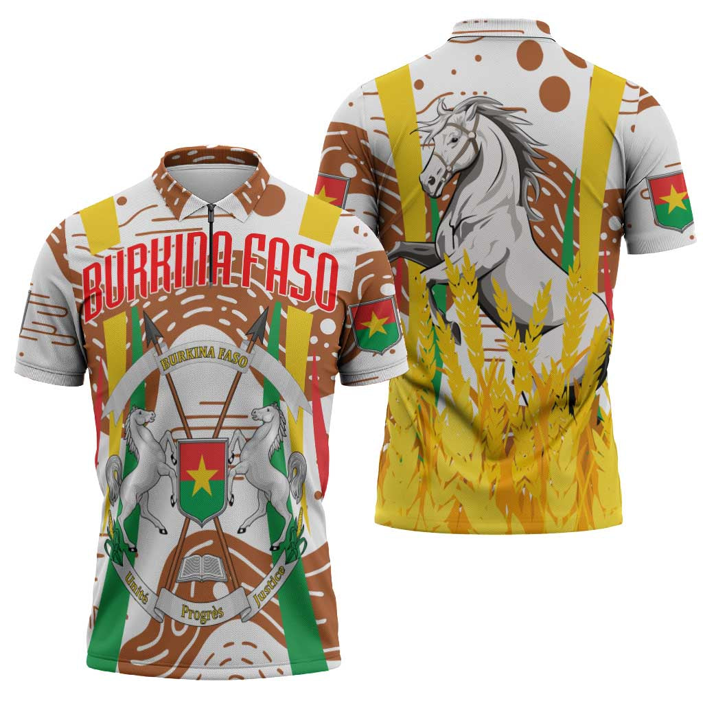 Burkina Faso Zipper Polo Shirt with Brown White Yellow Abstract Design - Wonder Print Shop