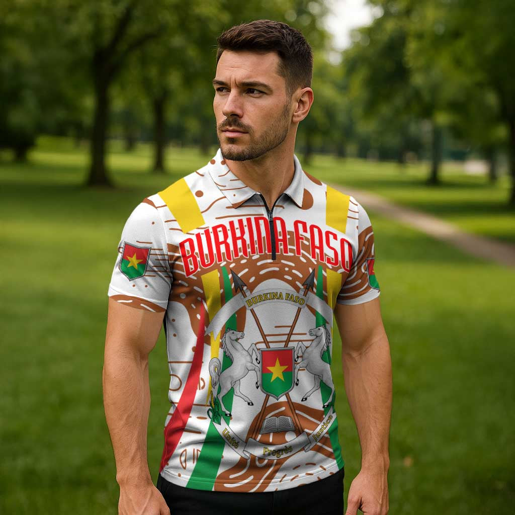Burkina Faso Zipper Polo Shirt with Brown White Yellow Abstract Design - Wonder Print Shop