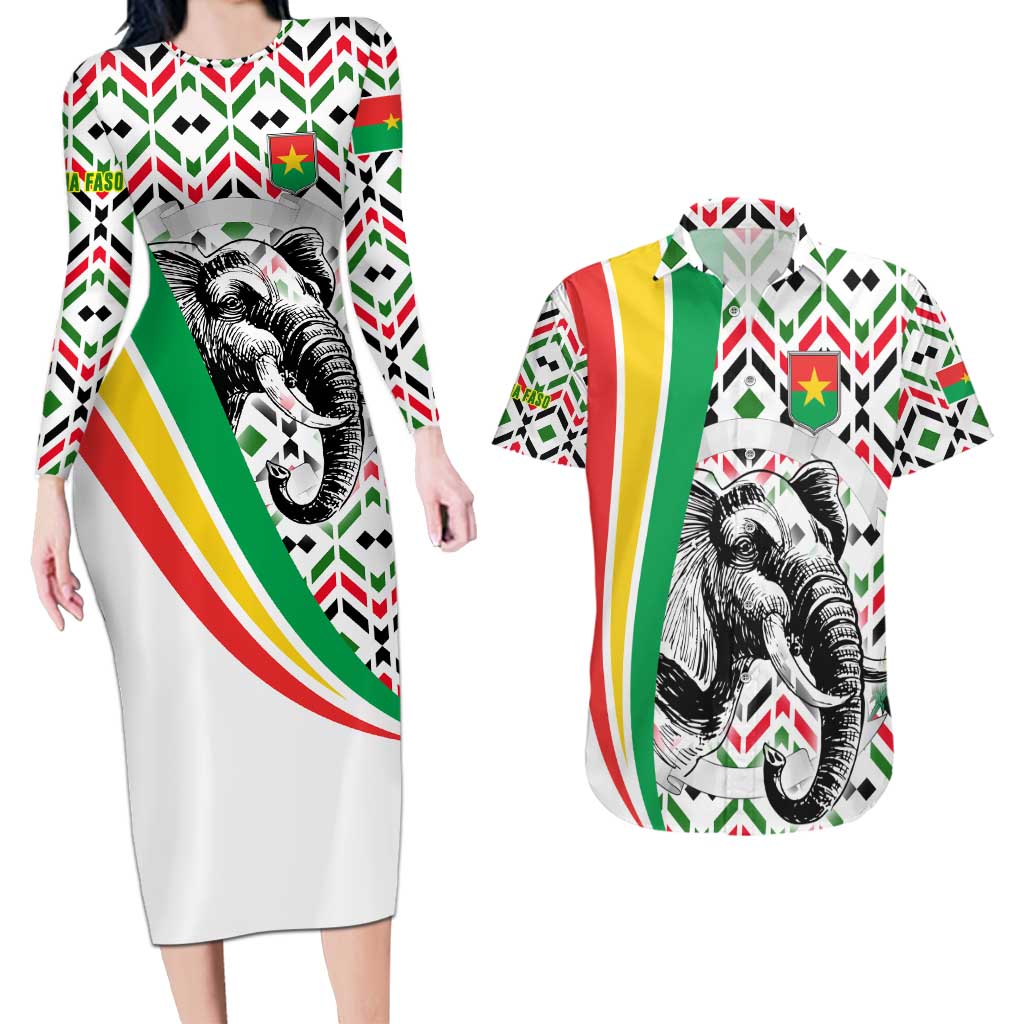 Burkina Faso Couples Matching Long Sleeve Bodycon Dress and Hawaiian Shirt with Red Green Black Geometric Design - Wonder Print Shop