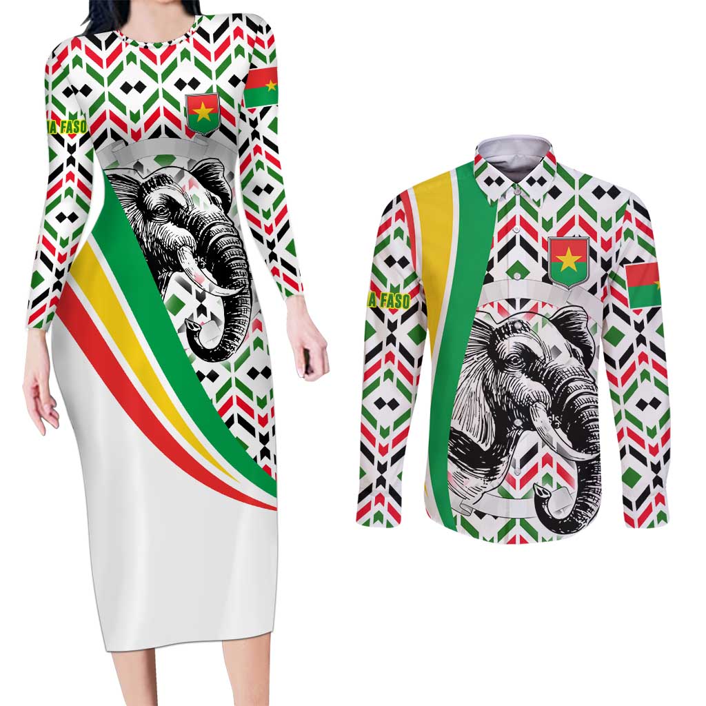Burkina Faso Couples Matching Long Sleeve Bodycon Dress and Long Sleeve Button Shirt with Red Green Black Geometric Design - Wonder Print Shop