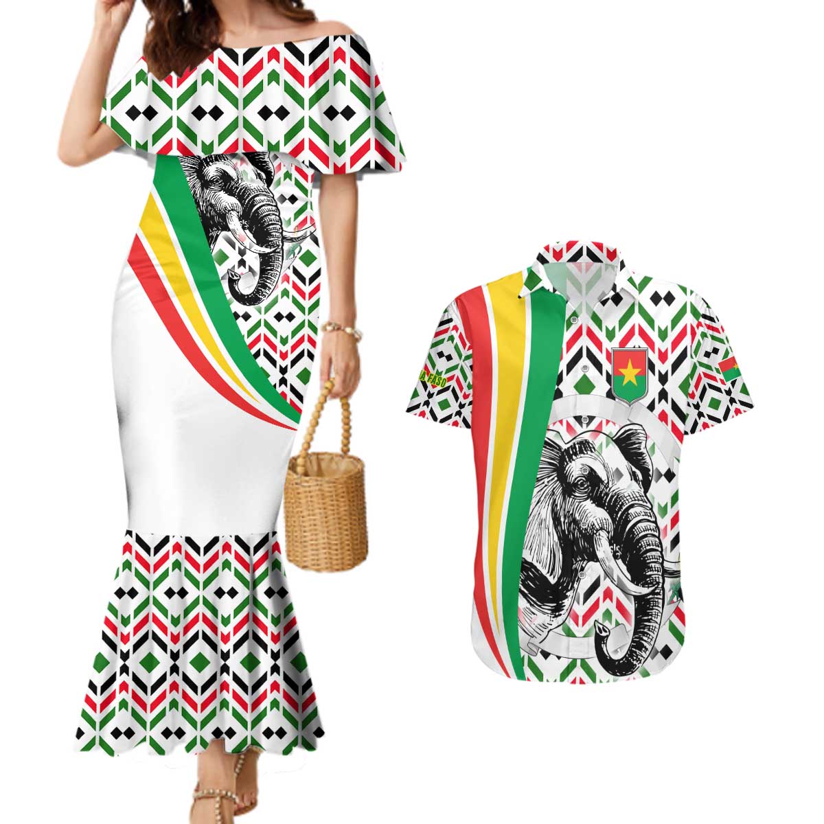 Burkina Faso Couples Matching Mermaid Dress and Hawaiian Shirt with Red Green Black Geometric Design - Wonder Print Shop