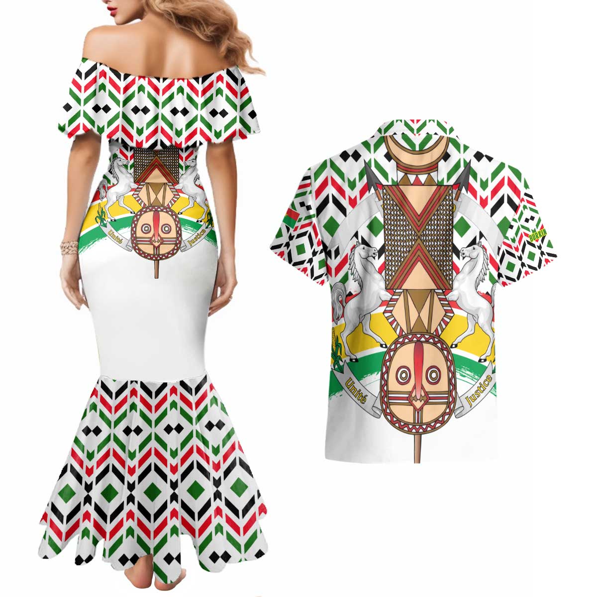 Burkina Faso Couples Matching Mermaid Dress and Hawaiian Shirt with Red Green Black Geometric Design - Wonder Print Shop