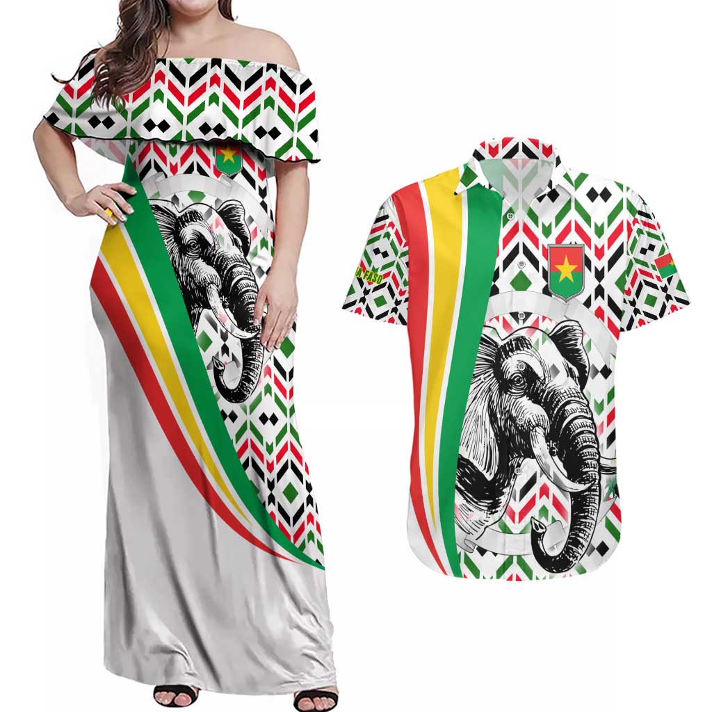 Burkina Faso Couples Matching Off Shoulder Maxi Dress and Hawaiian Shirt with Red Green Black Geometric Design - Wonder Print Shop