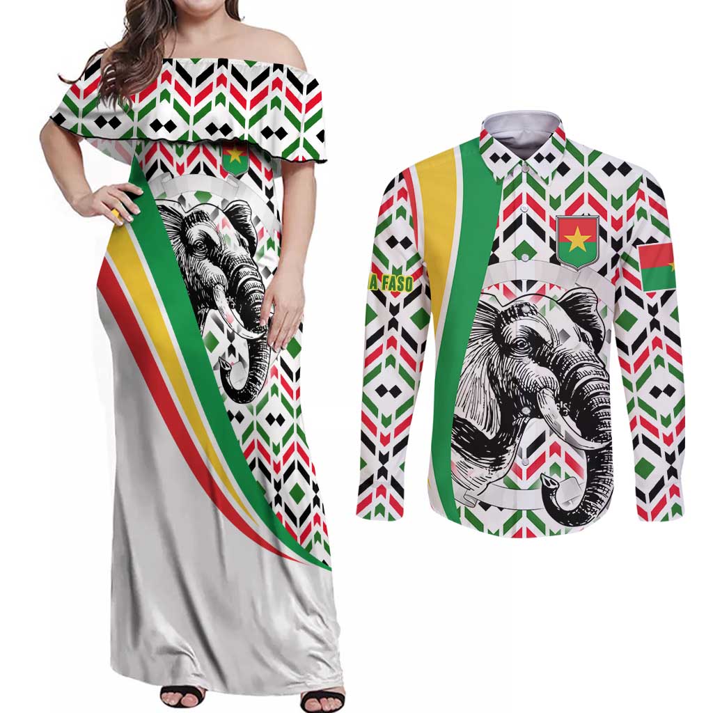 Burkina Faso Couples Matching Off Shoulder Maxi Dress and Long Sleeve Button Shirt with Red Green Black Geometric Design - Wonder Print Shop