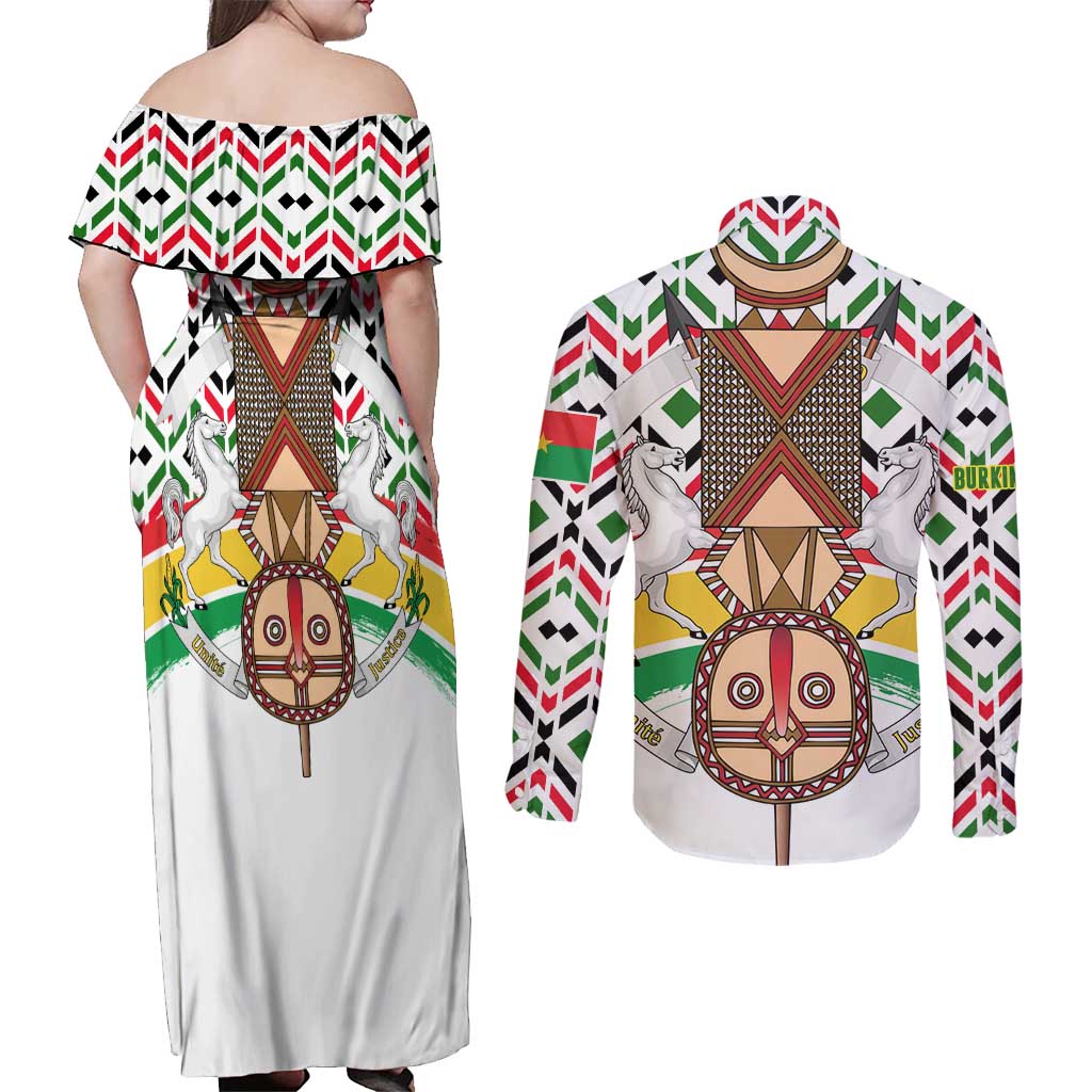 Burkina Faso Couples Matching Off Shoulder Maxi Dress and Long Sleeve Button Shirt with Red Green Black Geometric Design - Wonder Print Shop