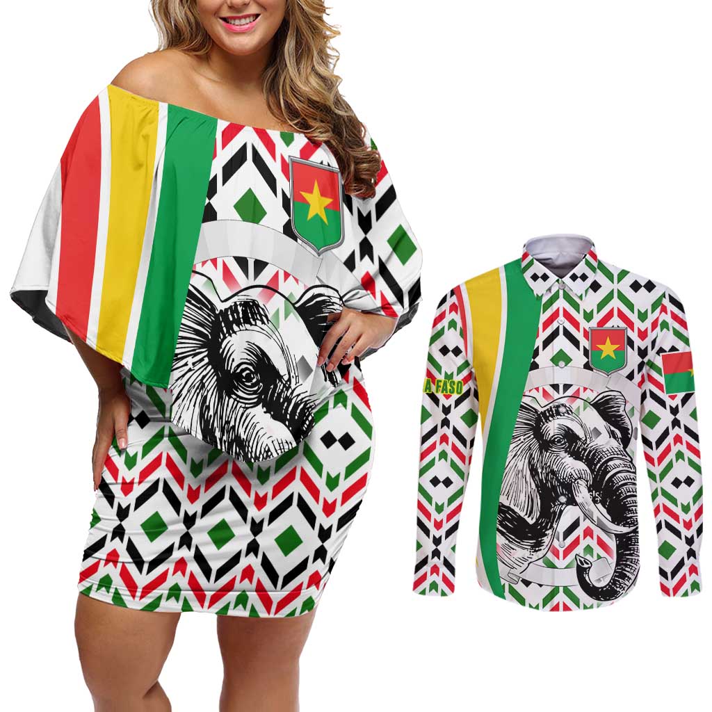 Burkina Faso Couples Matching Off Shoulder Short Dress and Long Sleeve Button Shirt with Red Green Black Geometric Design - Wonder Print Shop