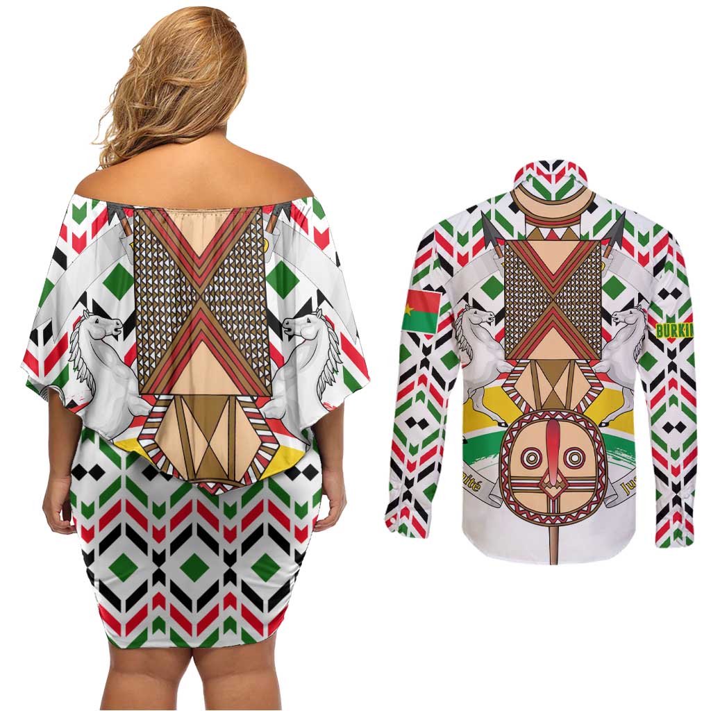 Burkina Faso Couples Matching Off Shoulder Short Dress and Long Sleeve Button Shirt with Red Green Black Geometric Design - Wonder Print Shop