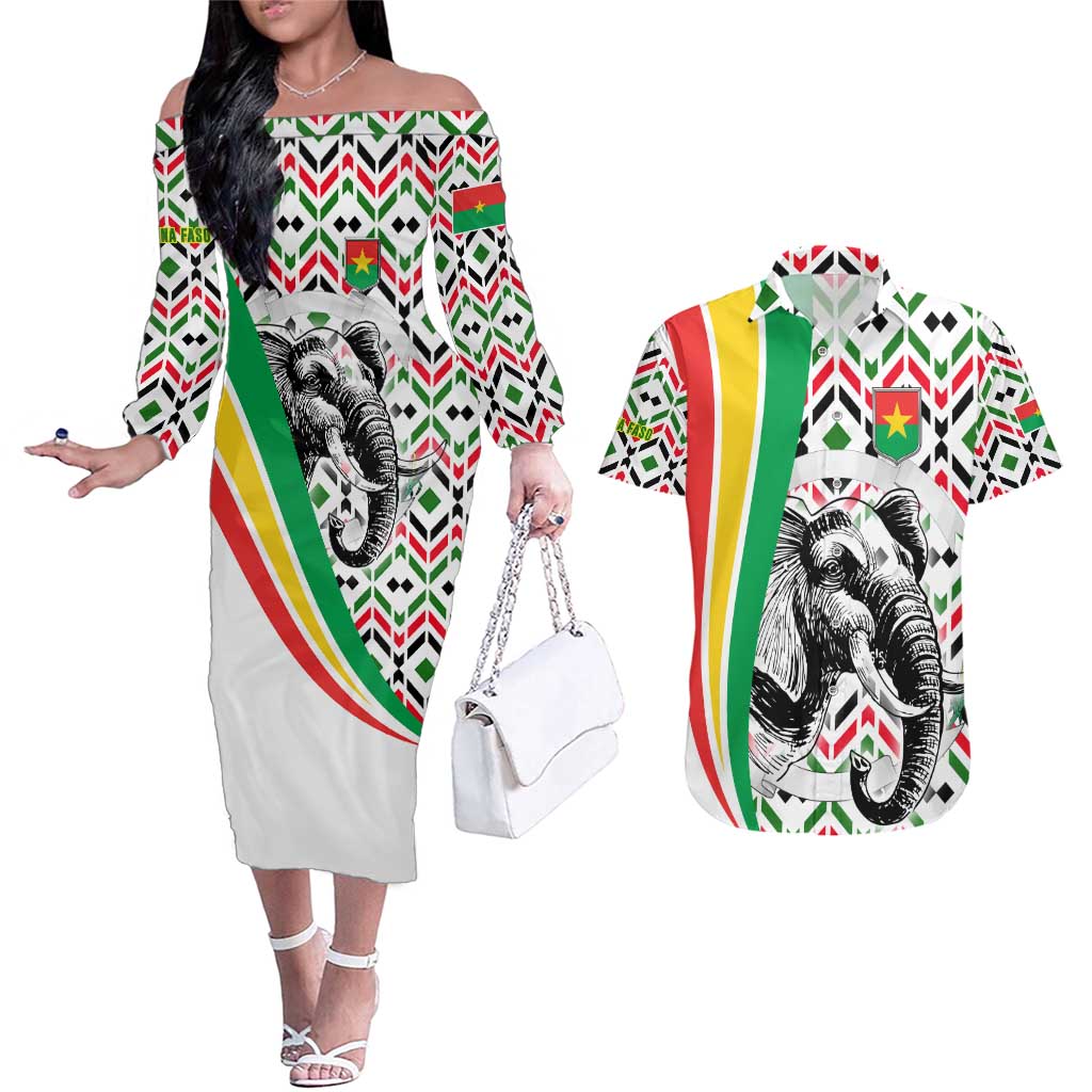 Burkina Faso Couples Matching Off The Shoulder Long Sleeve Dress and Hawaiian Shirt with Red Green Black Geometric Design - Wonder Print Shop