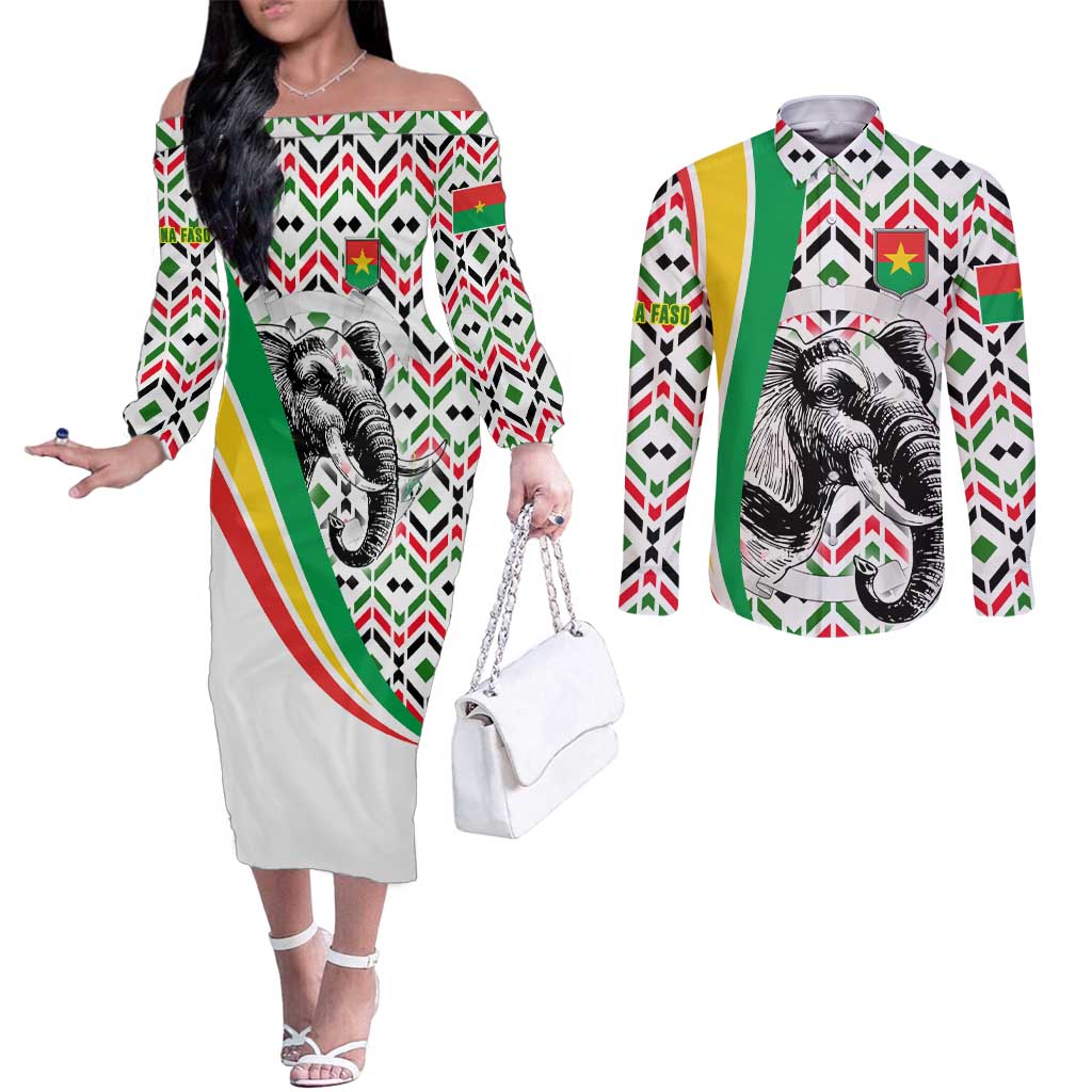 Burkina Faso Couples Matching Off The Shoulder Long Sleeve Dress and Long Sleeve Button Shirt with Red Green Black Geometric Design - Wonder Print Shop